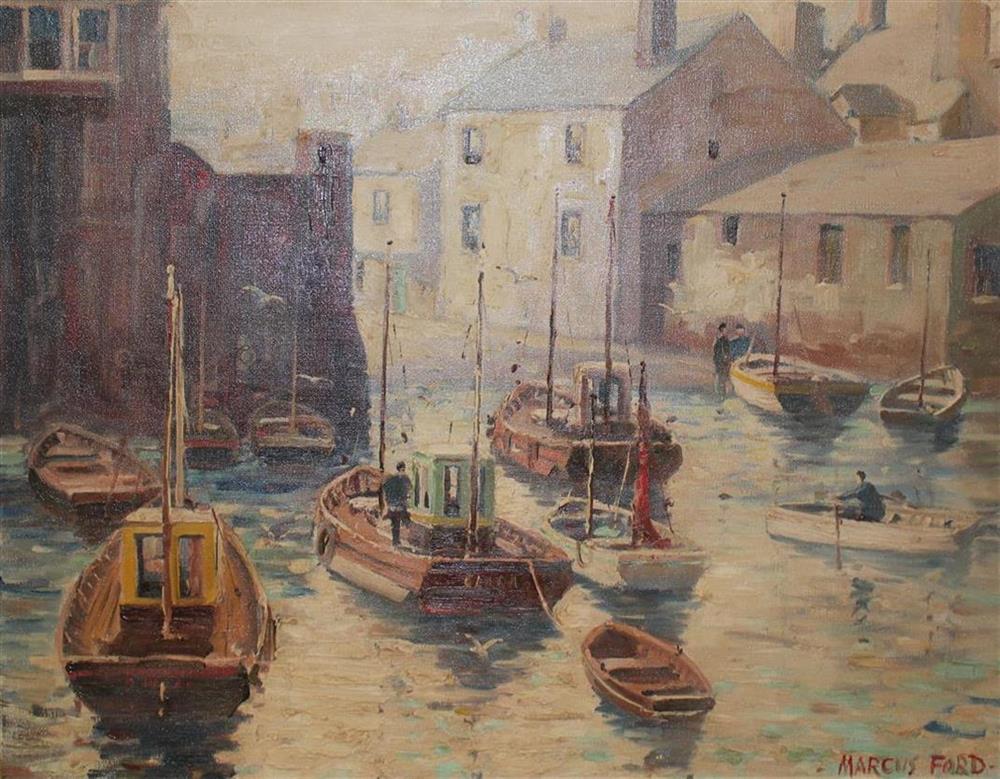 Marcus Ford (1914-1989), oil on canvas, Fishing boats in harbour, signed, 51 x 66cm, unframed